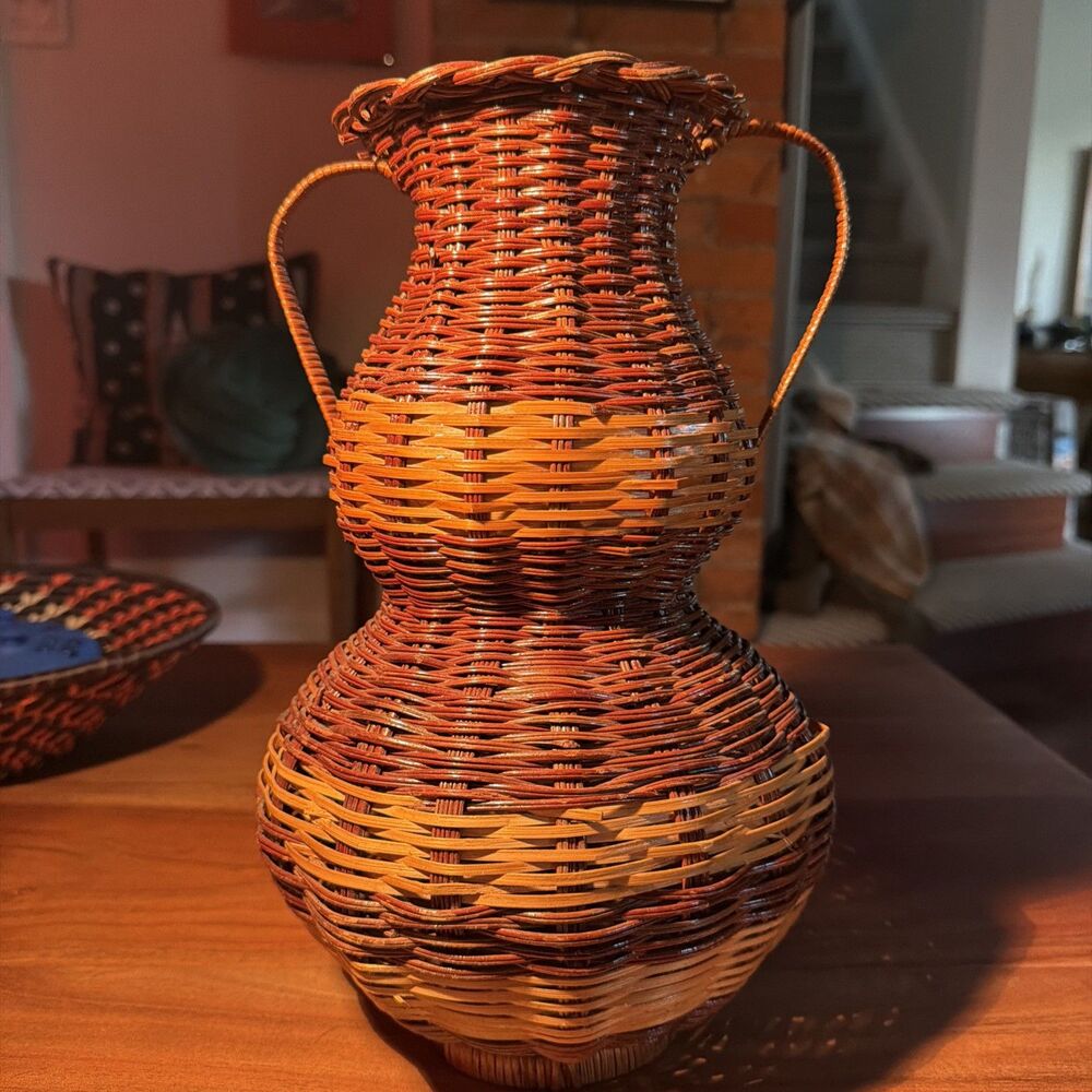 Vintage Boho Two tone Wicker Vase- 13”tall Double Handles